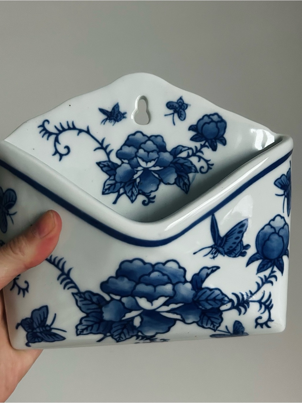 Vintage Blue and White Floral Wall Pocket Porcelain Envelope